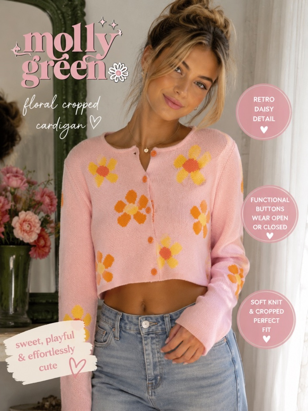 Molly Green Pink Floral Cropped Cardigan Sweater | Retro Daisy Knit | Y2K